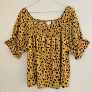 Melloday Yellow Animal Print Smocked Puff Sleeve Blouse
